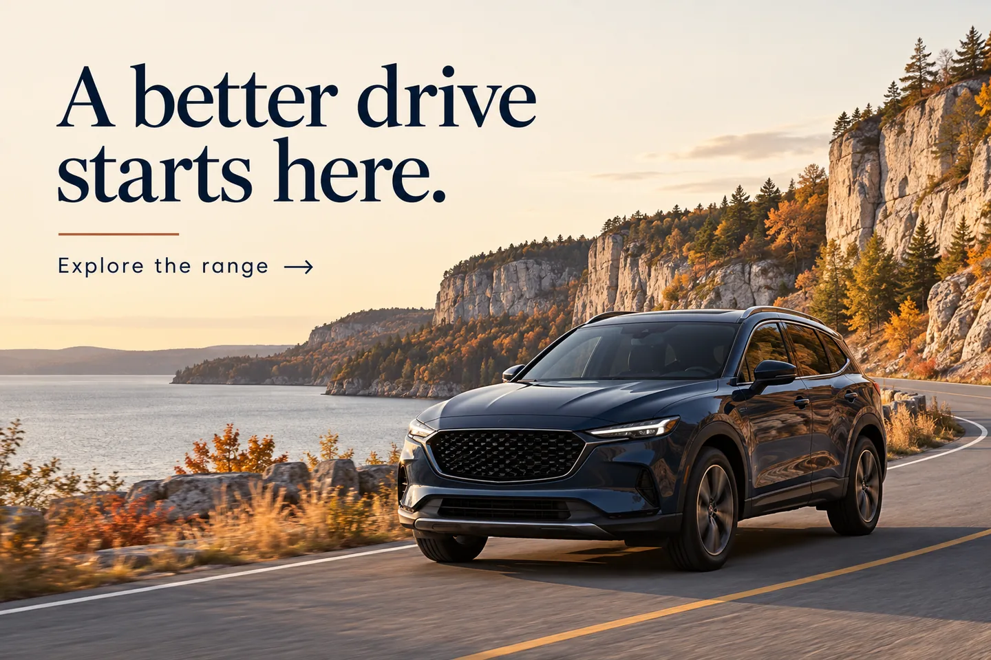 AI-generated automotive ad concept: an unbranded crossover beside autumn cliffs, with the headline A better drive starts here.