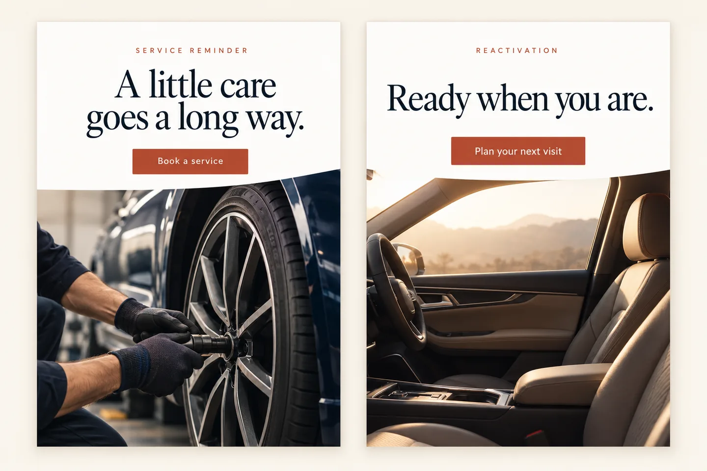 AI-generated service reminder and reactivation email concepts with the headlines A little care goes a long way and Ready when you are.