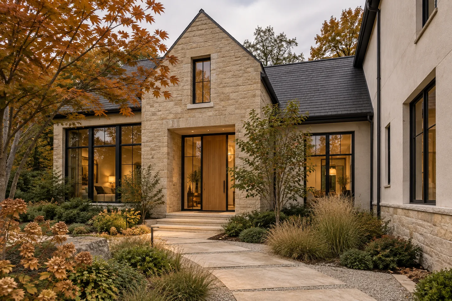 AI-generated architectural scene of a limestone custom home with an oak entrance and autumn planting.